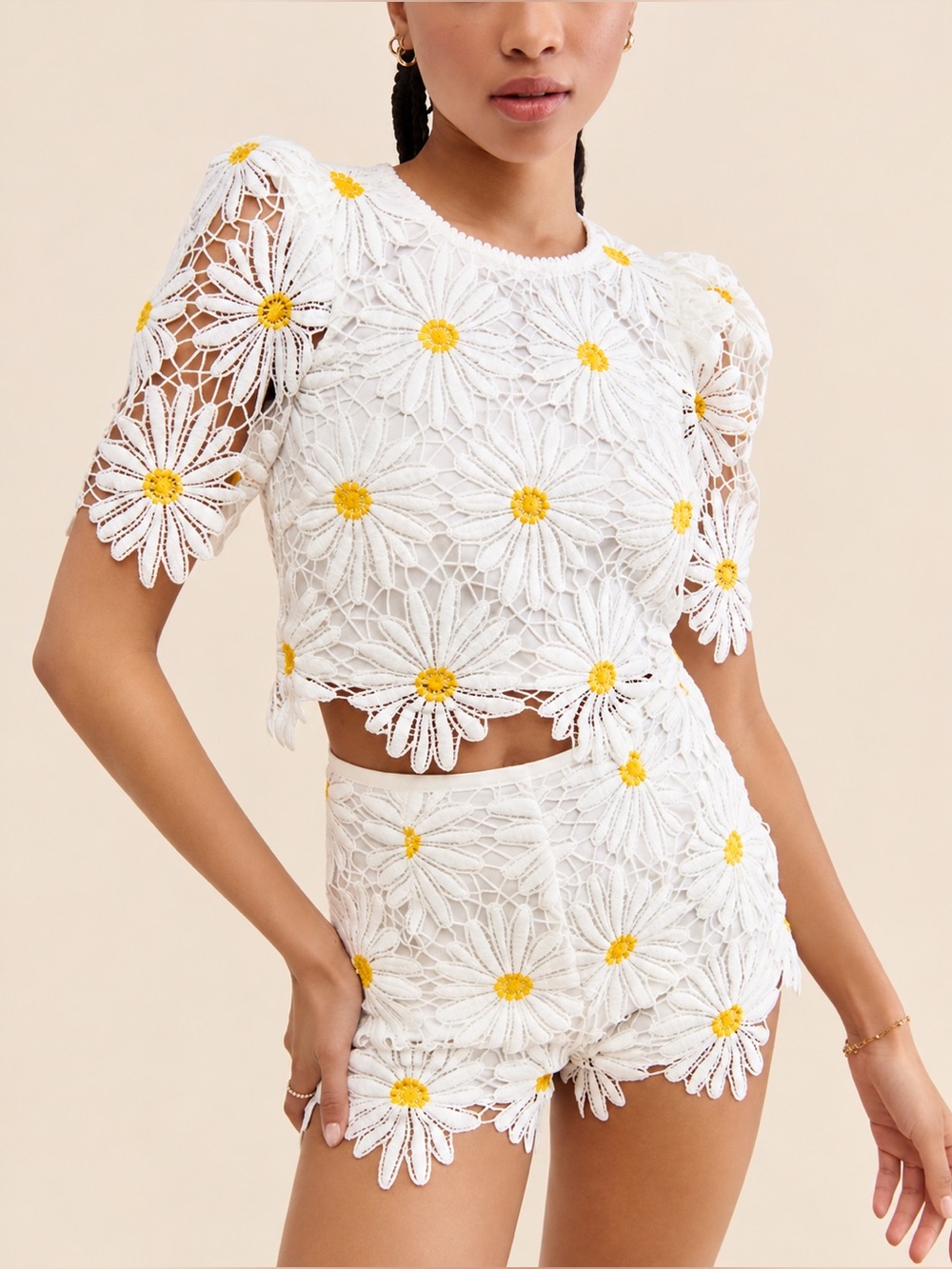 Saylor Morganas Top & Shorts Set Size S White Daisy Crochet